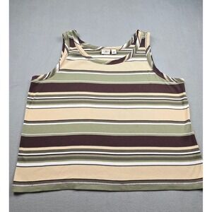 Cato Womens Plus Size 26/28W Ribbed Knit Striped Tank Top Green Brown Tan Scoop